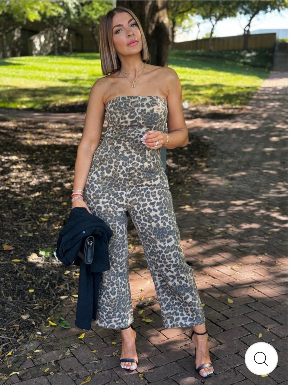 NWT Klesis Strapless Leopard Print Denim Jumpsuit